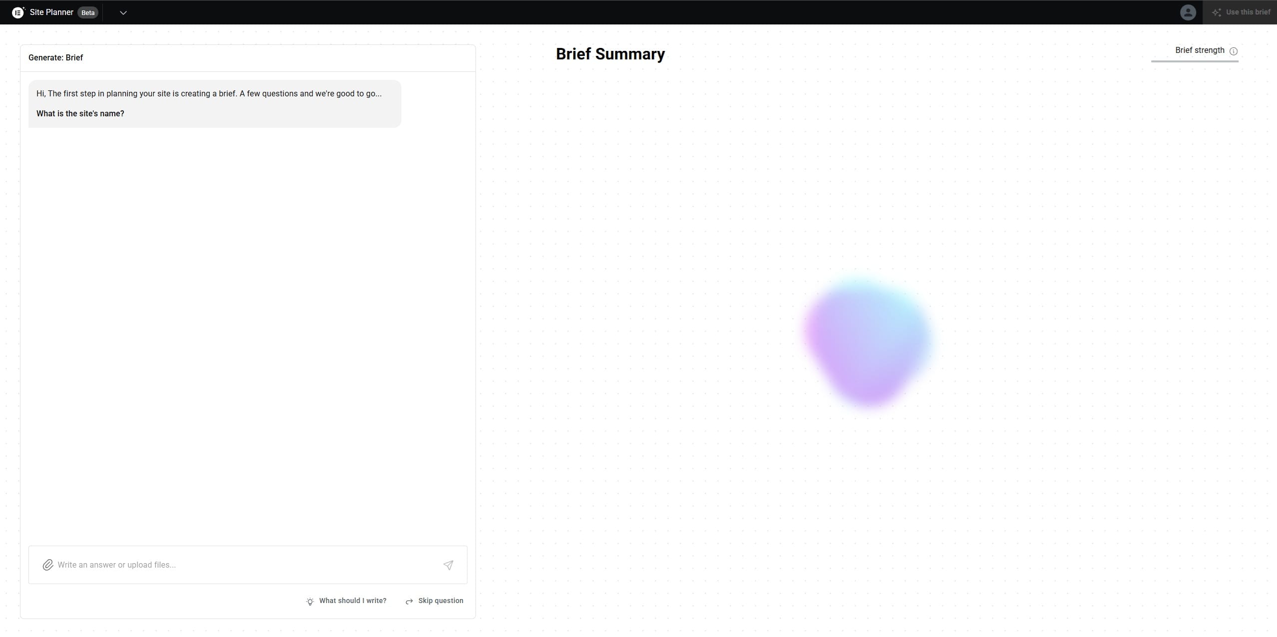 Elementor – co to jest i jak działa? Przewodnik 2026 AI Site Planner Beta w trybie Generate: Brief z pierwszym pytaniem What is the site's name? oraz panelem Brief Summary po prawej