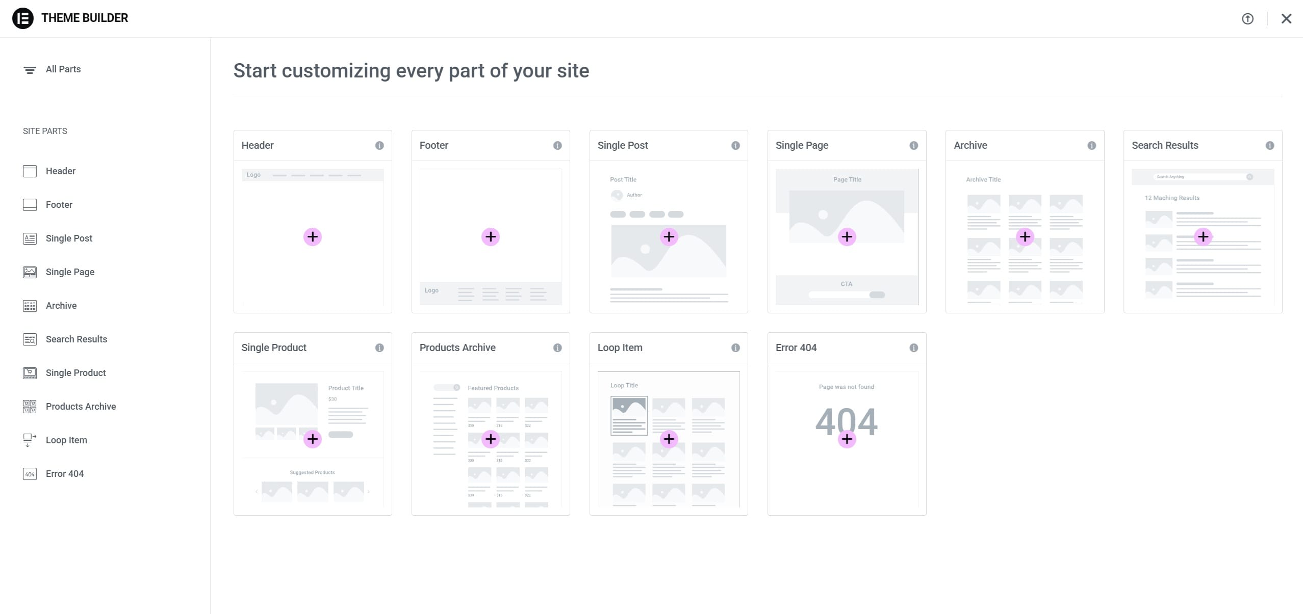 Elementor – co to jest i jak działa? Przewodnik 2026 Theme Builder z kafelkami typów szablonów: Header, Footer, Single Post, Single Page, Archive, Search Results, Single Product, Products Archive, Loop Item, Error 404