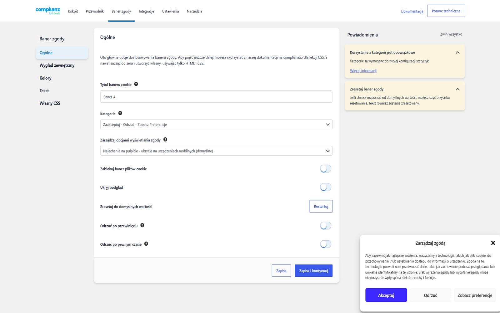 Wtyczka Complianz Privacy Suite GDPR CCPA Premium Panel konfiguracji banera zgody Complianz z opcjami tytułu, kategorii i podglądem banera z przyciskami Akceptuj i Odrzuć