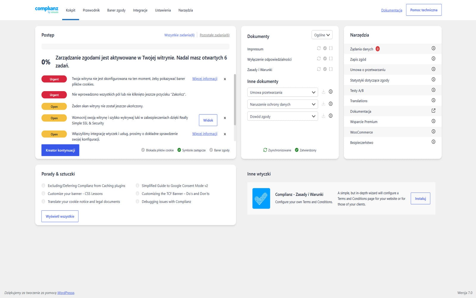 Wtyczka Complianz Privacy Suite GDPR CCPA Premium Dashboard Complianz z paskiem postępu konfiguracji, listą zadań oraz panelami Dokumenty i Narzędzia