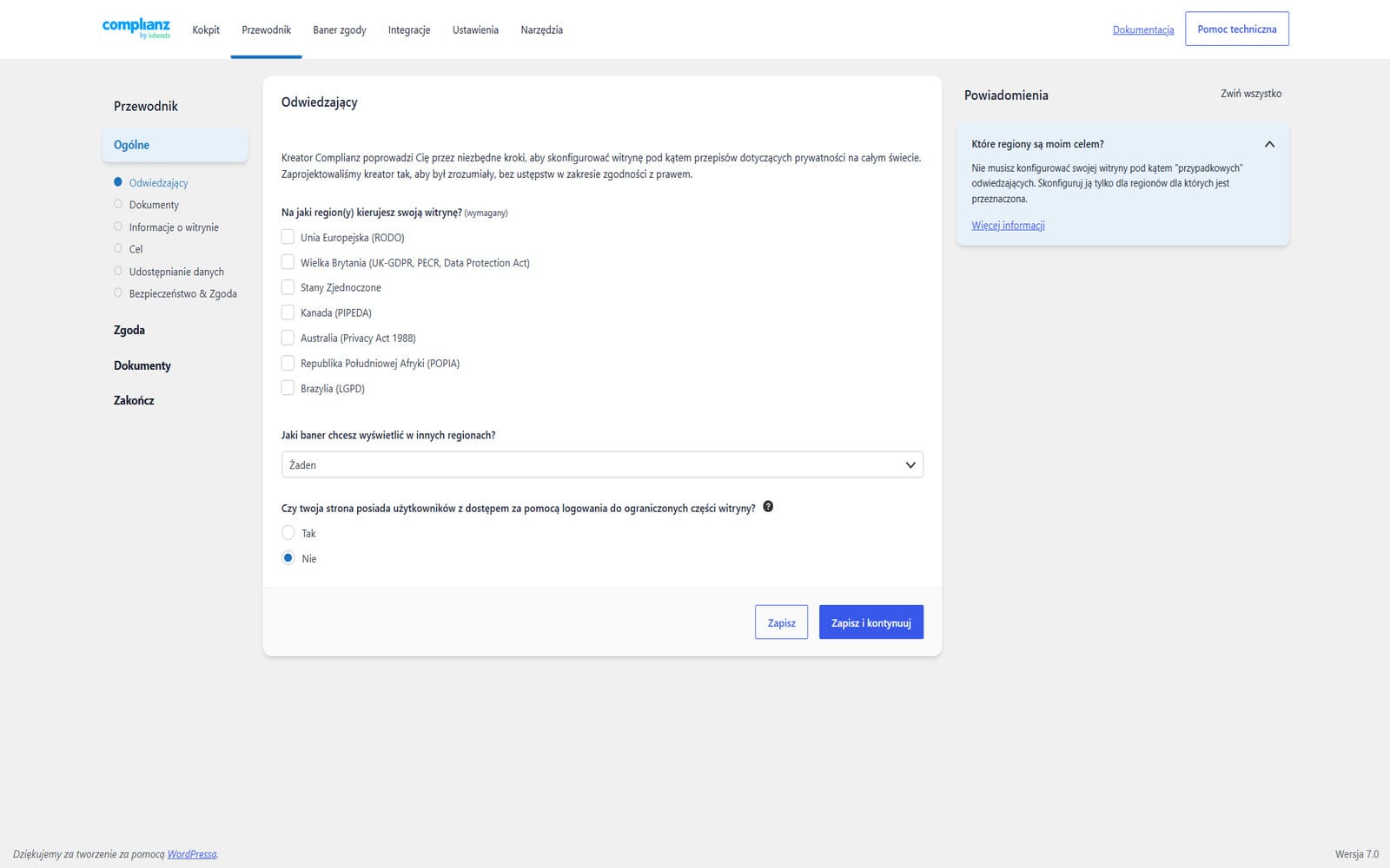 Wtyczka Complianz Privacy Suite GDPR CCPA Premium Kreator konfiguracji Complianz — krok Odwiedzający z listą regionów prawnych do wyboru (RODO, UK-GDPR, CCPA i inne)