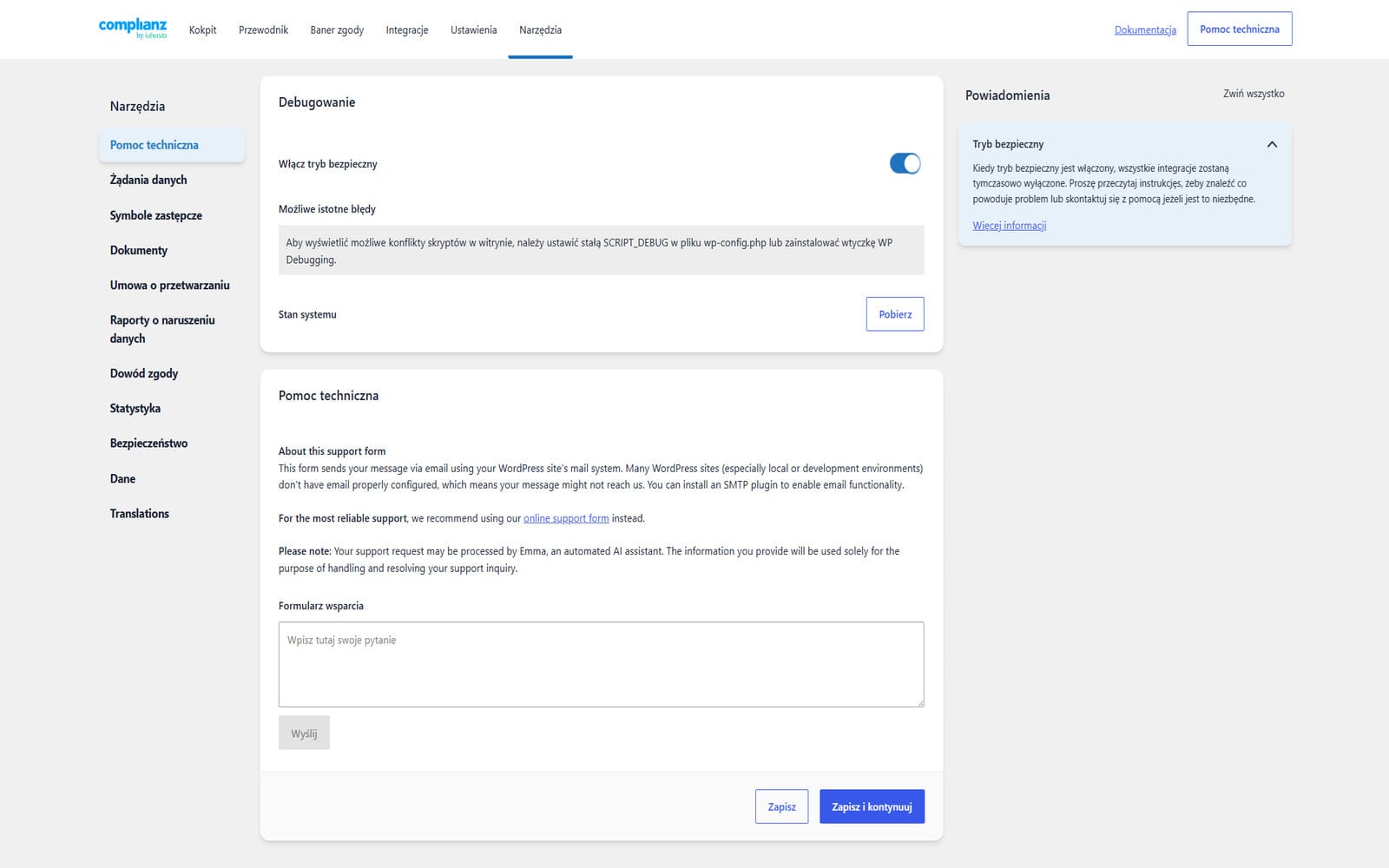 Wtyczka Complianz Privacy Suite GDPR CCPA Premium Zakładka Narzędzia w Complianz z opcją trybu bezpiecznego (Safe Mode) i formularzem kontaktowym pomocy technicznej