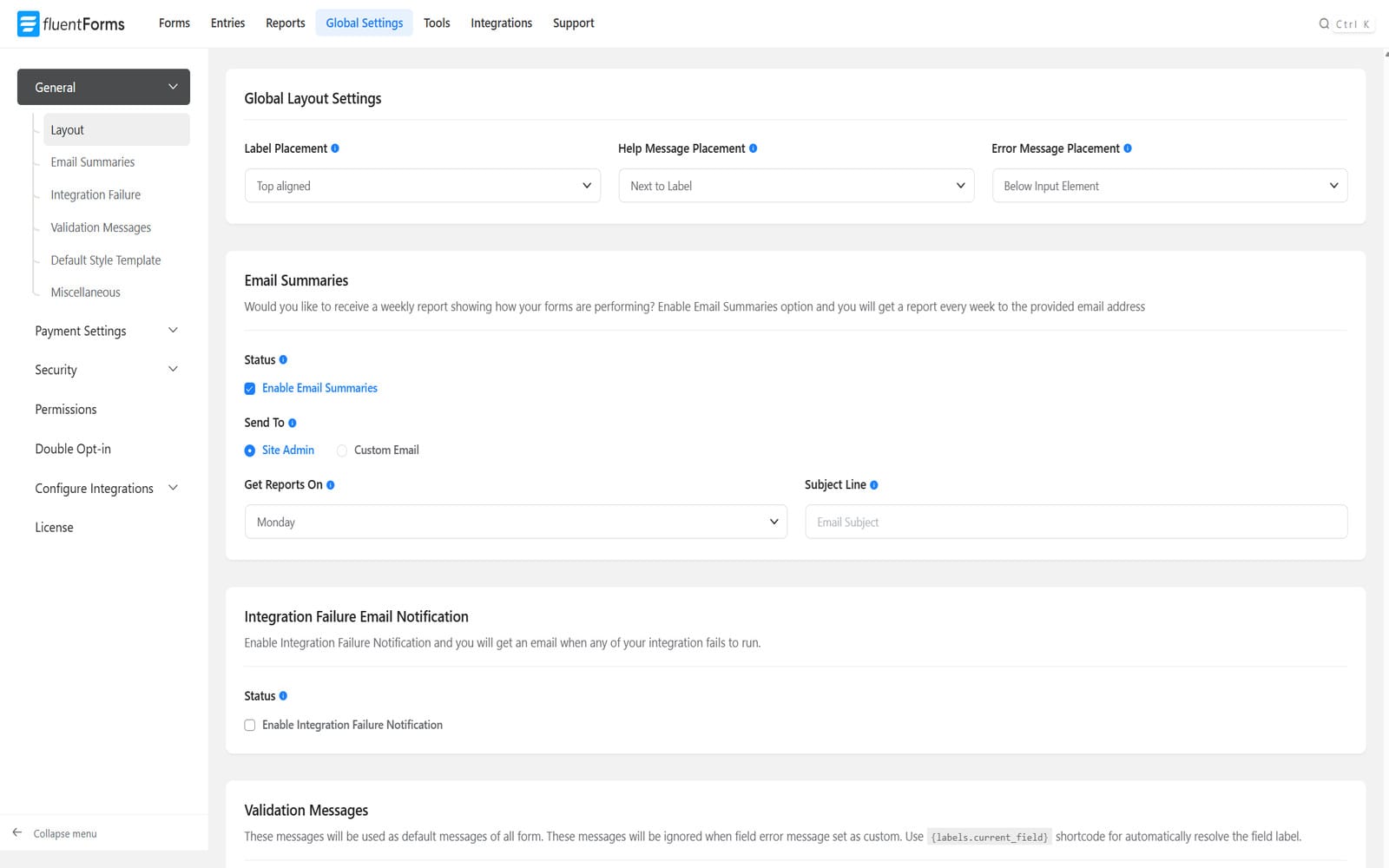 Wtyczka Fluent Forms Pro Zakładka Global Settings z opcjami układu etykiet, powiadomień e-mail i walidacji w Fluent Forms Pro