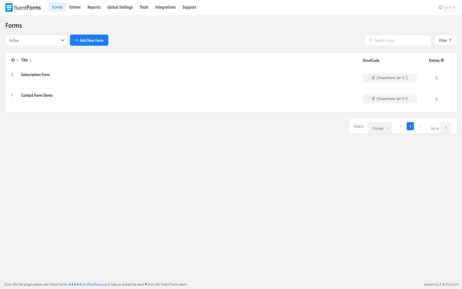 Wtyczka Fluent Forms Pro Panel Forms w Fluent Forms Pro z listą formularzy, shortcode'ami i przyciskiem dodawania nowego formularza