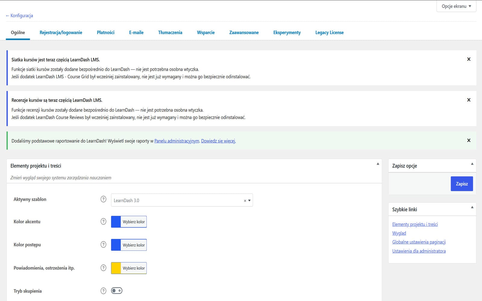 Wtyczka LearnDash LMS WordPress Plugin + Certificate Builder Panel ustawień ogólnych LearnDash LMS z opcjami szablonu, kolorów akcentu i trybu skupienia