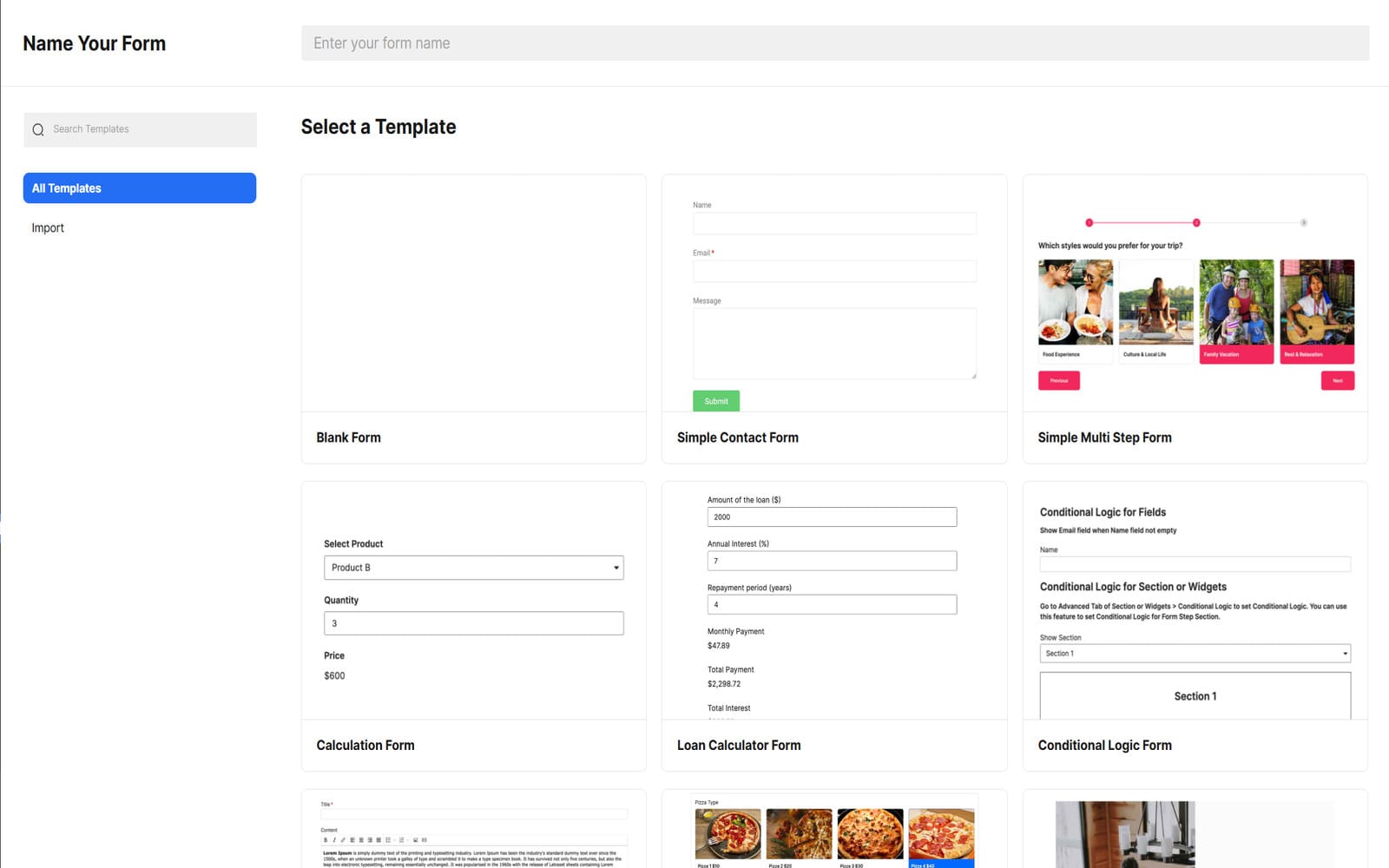 Wtyczka Piotnet Addons For Elementor Pro Panel wyboru szablonu formularza w PAFE Form Builder z podglądem gotowych szablonów: Blank Form, Simple Contact Form, Multi Step Form, Calculation Form, Loan Calculator Form i Conditional Logic Form