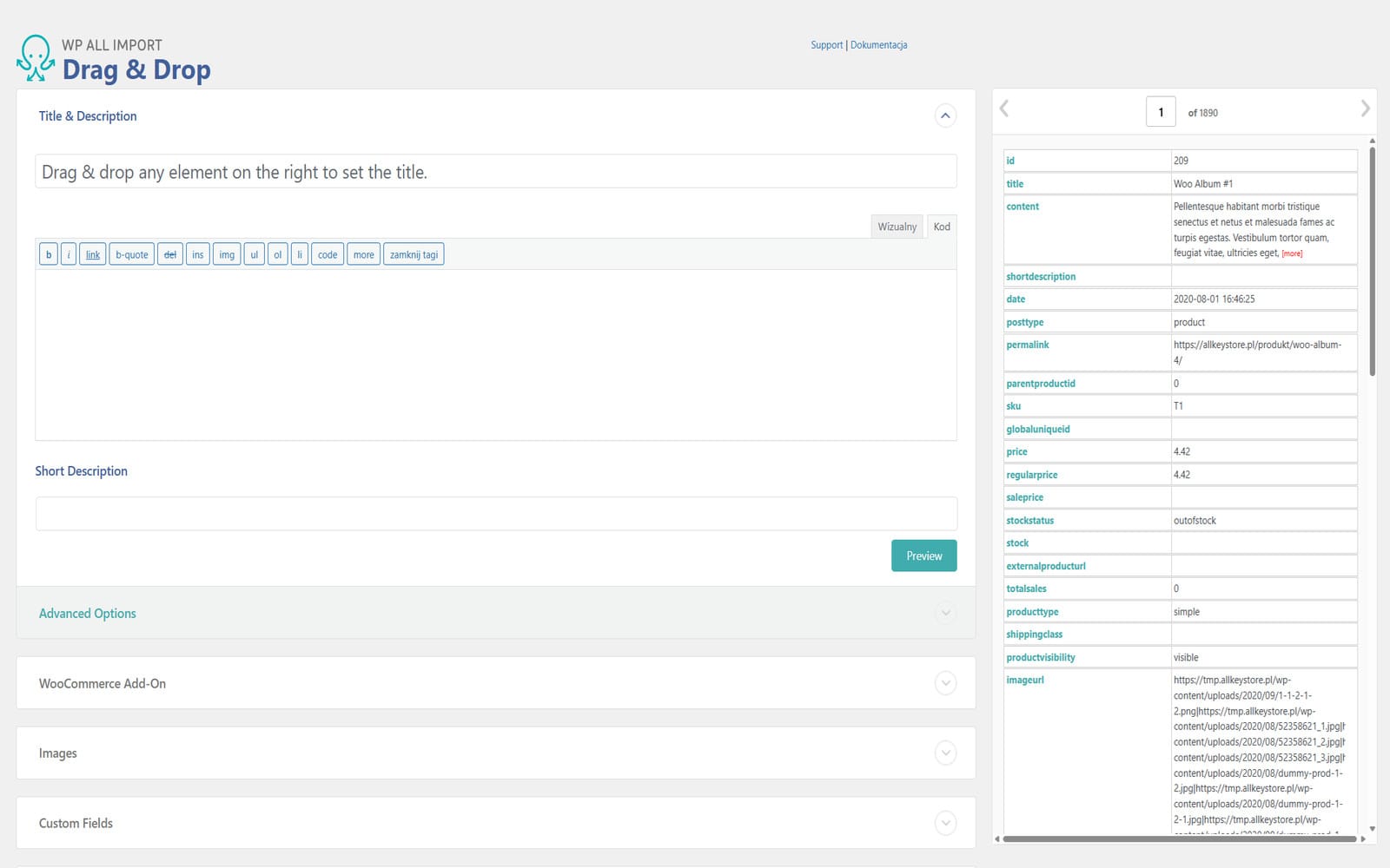 Wtyczka Soflyy WP All Import Pro WooCommerce Addon Interfejs Drag & Drop w WP All Import z panelem mapowania pól produktu WooCommerce i podglądem danych z importowanego pliku
