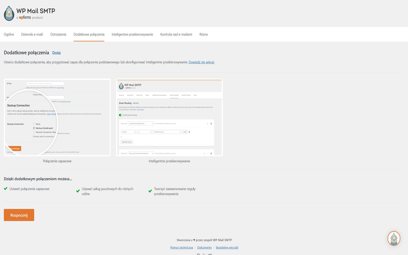 Wtyczka WP Mail SMTP Pro Zakładka Dodatkowe połączenia z miniaturami widoków Połączenie zapasowe i Inteligentne przekierowywanie oraz listą korzyści z dodatkowych połączeń