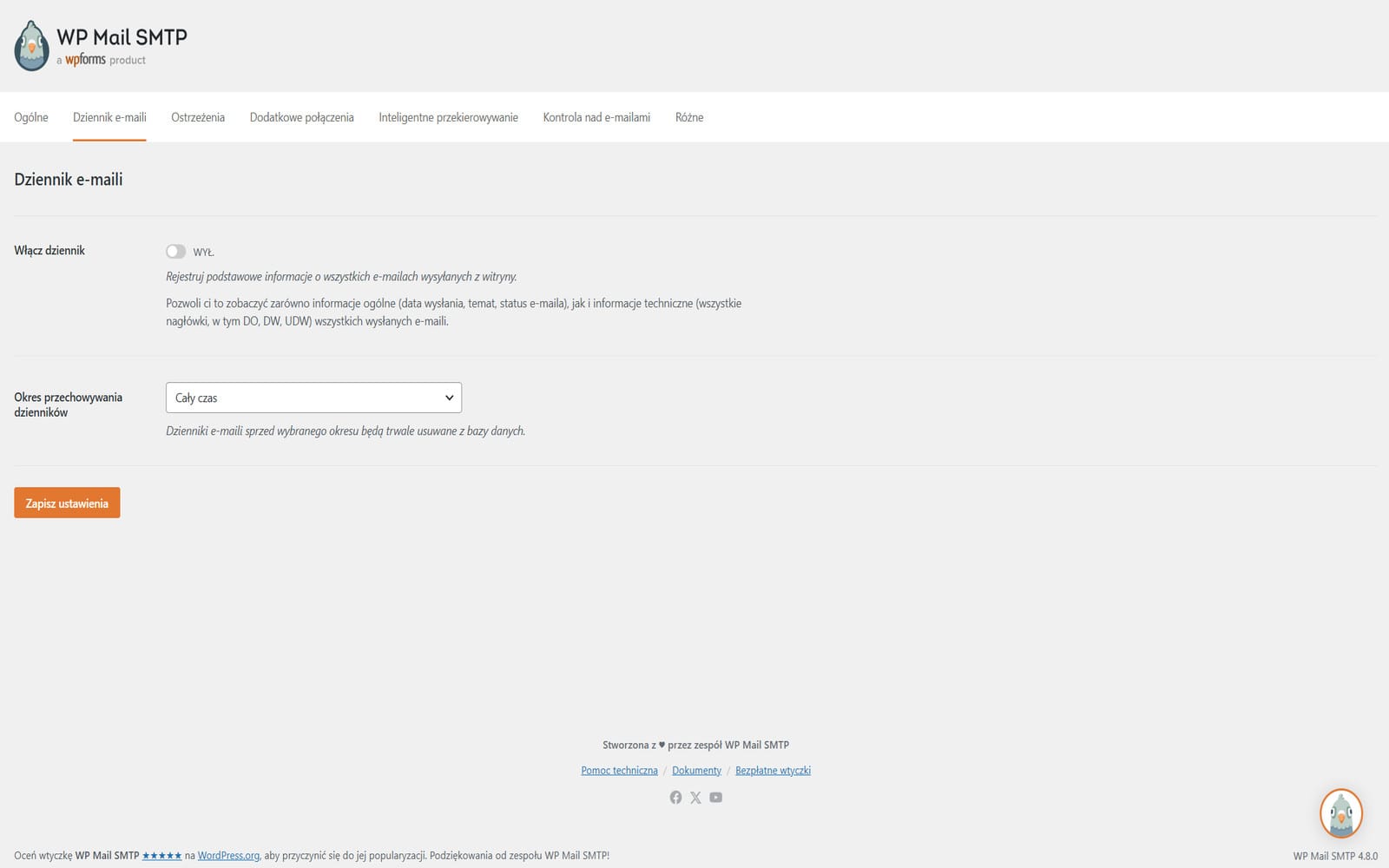 Wtyczka WP Mail SMTP Pro Zakładka Dziennik e-maili z przełącznikiem włączenia dziennika oraz selektorem okresu przechowywania logów