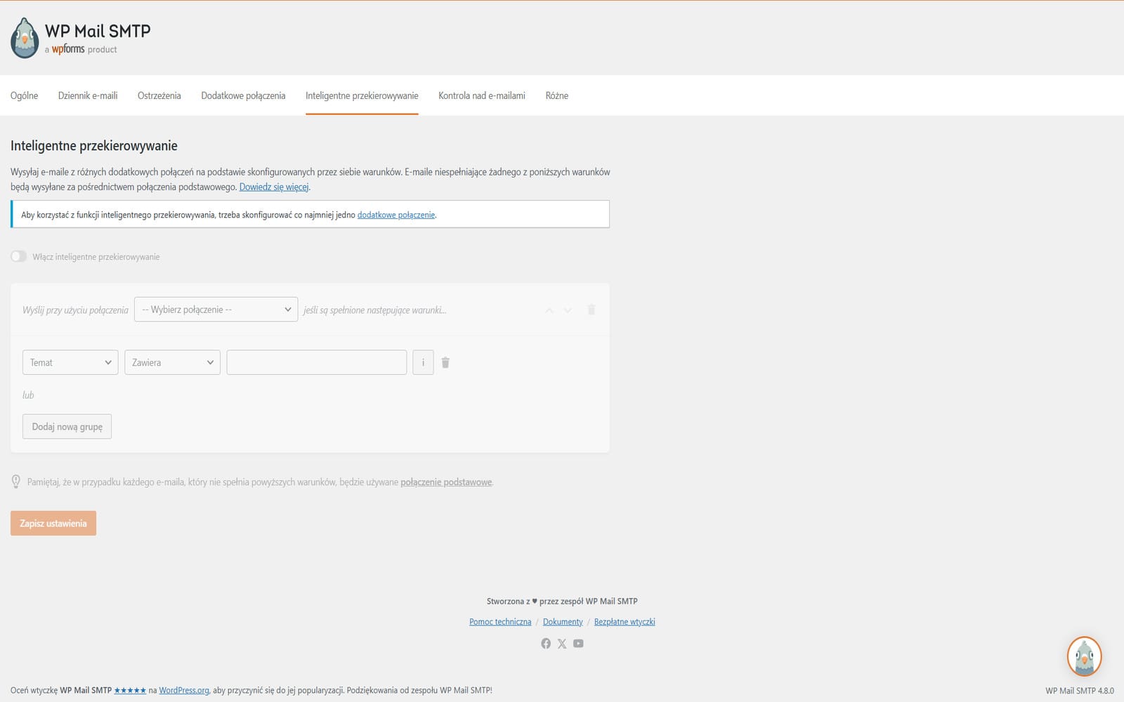 Wtyczka WP Mail SMTP Pro Zakładka Inteligentne przekierowywanie z formularzem reguł warunkowych umożliwiającym wybór połączenia i definiowanie warunków opartych na temacie wiadomości