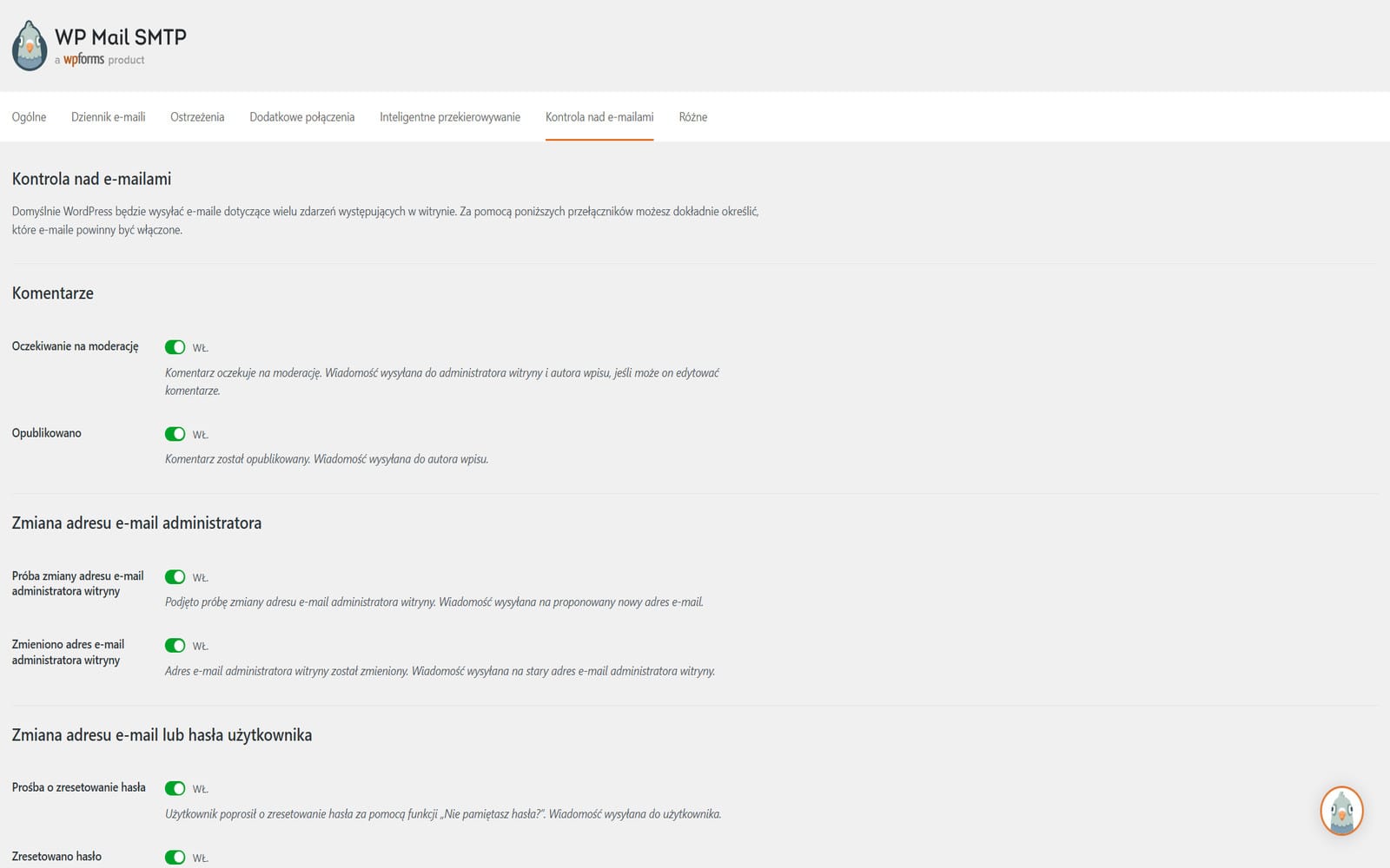 Wtyczka WP Mail SMTP Pro Zakładka Kontrola nad e-mailami z przełącznikami włącz/wyłącz dla poszczególnych typów powiadomień WordPress, w sekcjach Komentarze i Zmiana adresu e-mail administratora