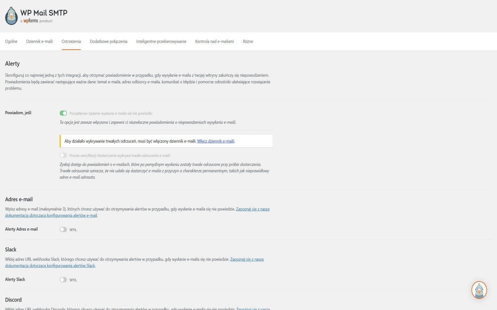 Wtyczka WP Mail SMTP Pro Zakładka Ostrzeżenia z sekcją alertów o nieudanych wysyłkach i dostępnymi kanałami powiadomień, w tym e-mail, Slack i Discord