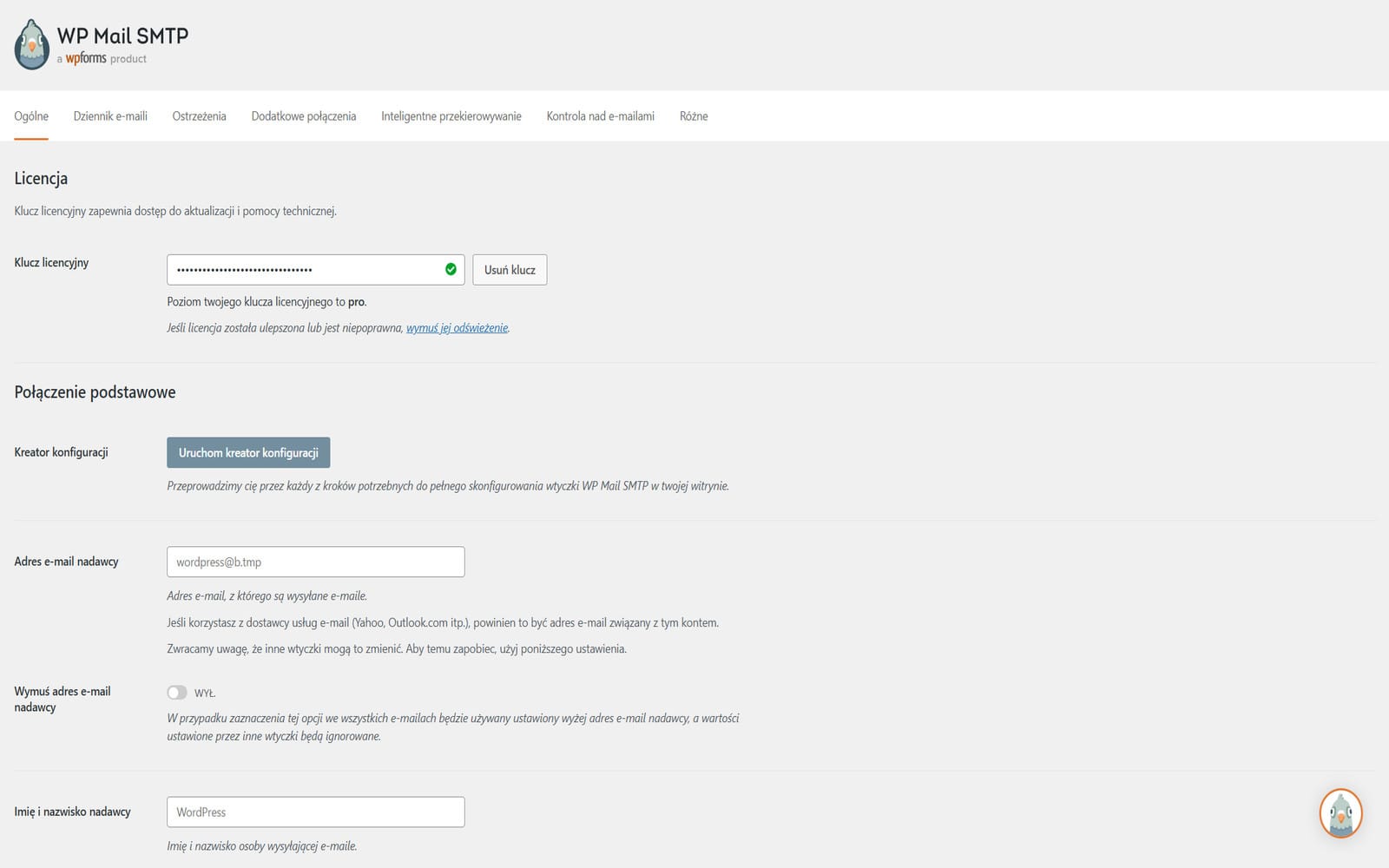 Wtyczka WP Mail SMTP Pro Zakładka Ogólne z aktywnym kluczem licencyjnym Pro oraz sekcją Połączenie podstawowe zawierającą kreator konfiguracji i opcję wymuszenia adresu nadawcy