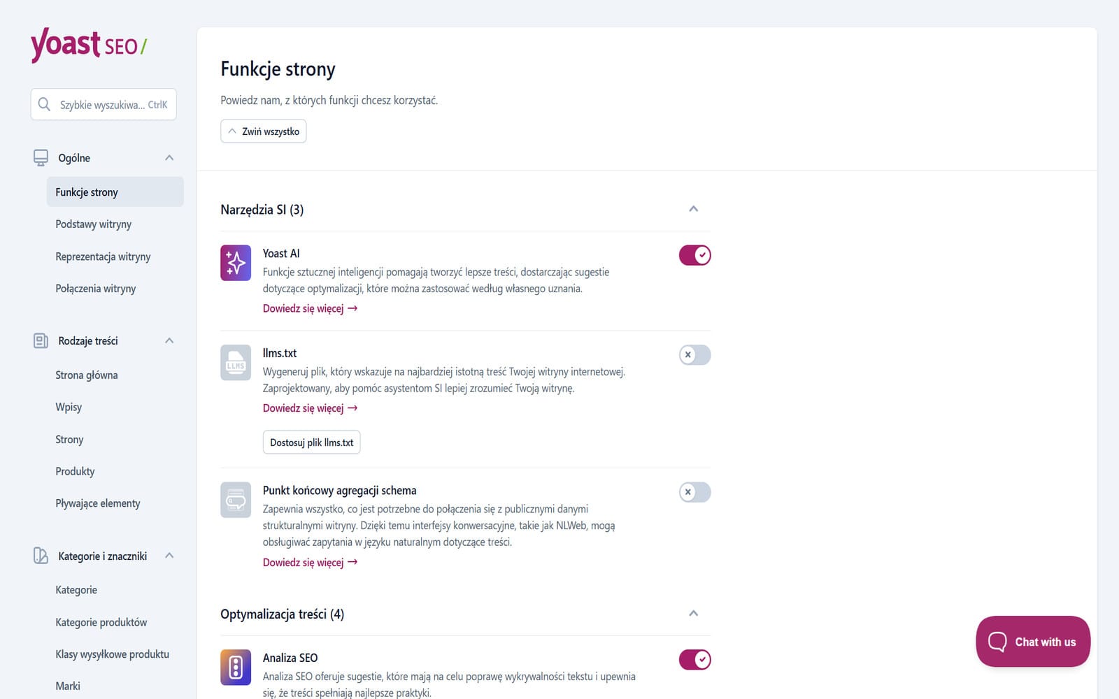Wtyczka Yoast SEO Premium Zakładka Funkcje strony w ustawieniach Yoast SEO Premium z sekcją Narzędzia SI i opcjami Yoast AI, llms.txt oraz schemą
