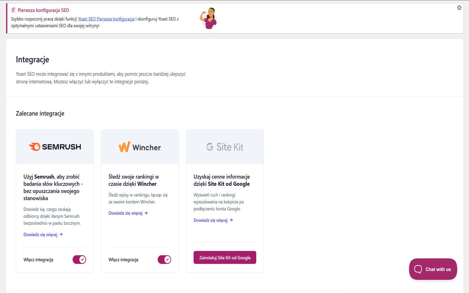 Wtyczka Yoast SEO Premium Zakładka Integracje w Yoast SEO Premium z kartami Semrush, Wincher i Google Site Kit oraz przełącznikami aktywacji