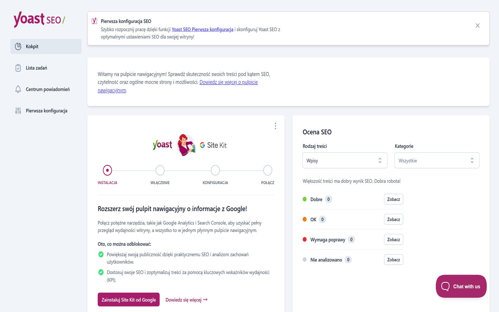 Wtyczka Yoast SEO Premium Kokpit wtyczki Yoast SEO Premium z kaflami nawigacyjnymi i panelem oceny SEO po prawej stronie