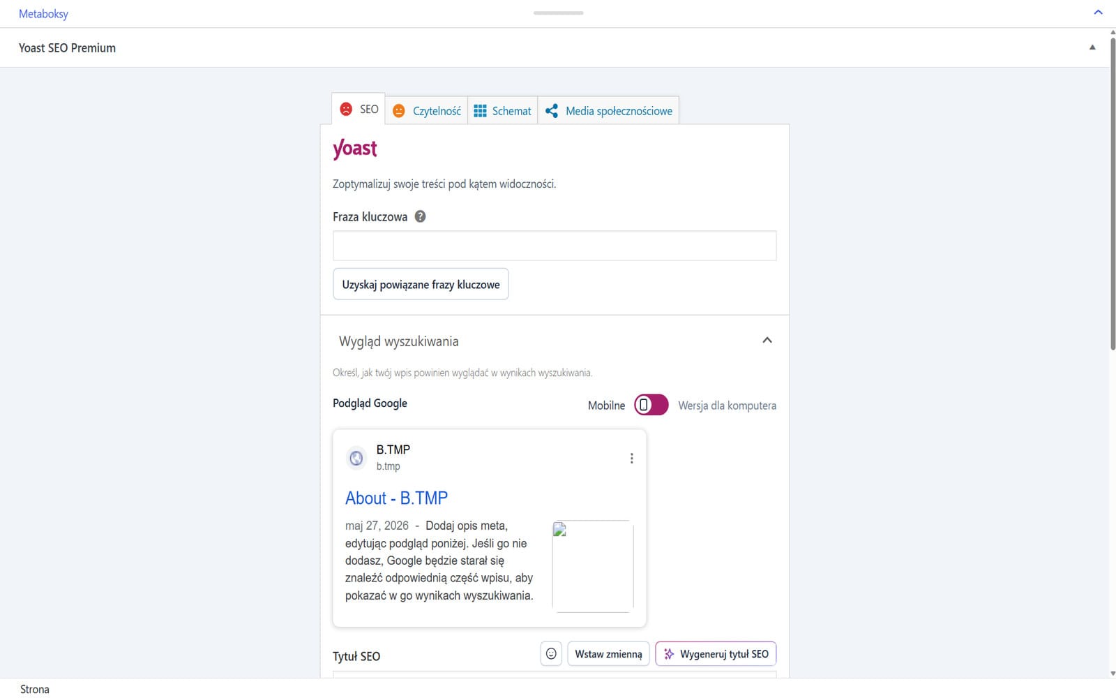 Wtyczka Yoast SEO Premium Metaboks Yoast SEO Premium w edytorze WordPressa z zakładkami SEO, Czytelność, Schemat i Media społecznościowe oraz polem frazy kluczowej