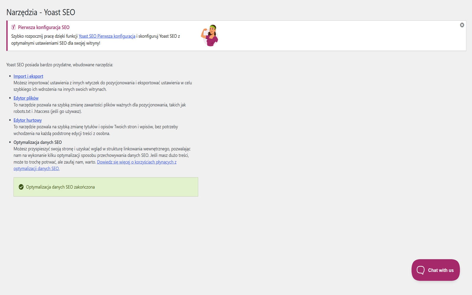 Wtyczka Yoast SEO Premium Zakładka Narzędzia w Yoast SEO Premium z sekcjami Import i eksport, Edytor plików i Optymalizacja danych SEO