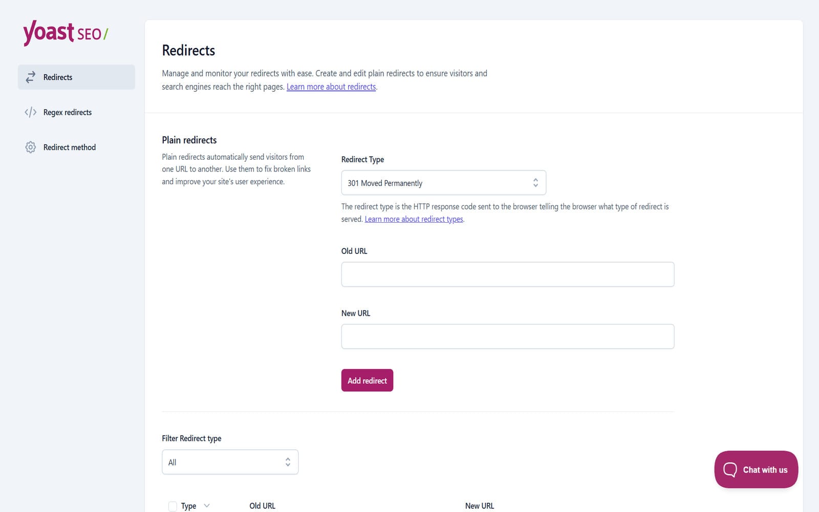 Wtyczka Yoast SEO Premium Panel Redirect Manager w Yoast SEO Premium z formularzem dodawania przekierowania 301 oraz polami Old URL i New URL