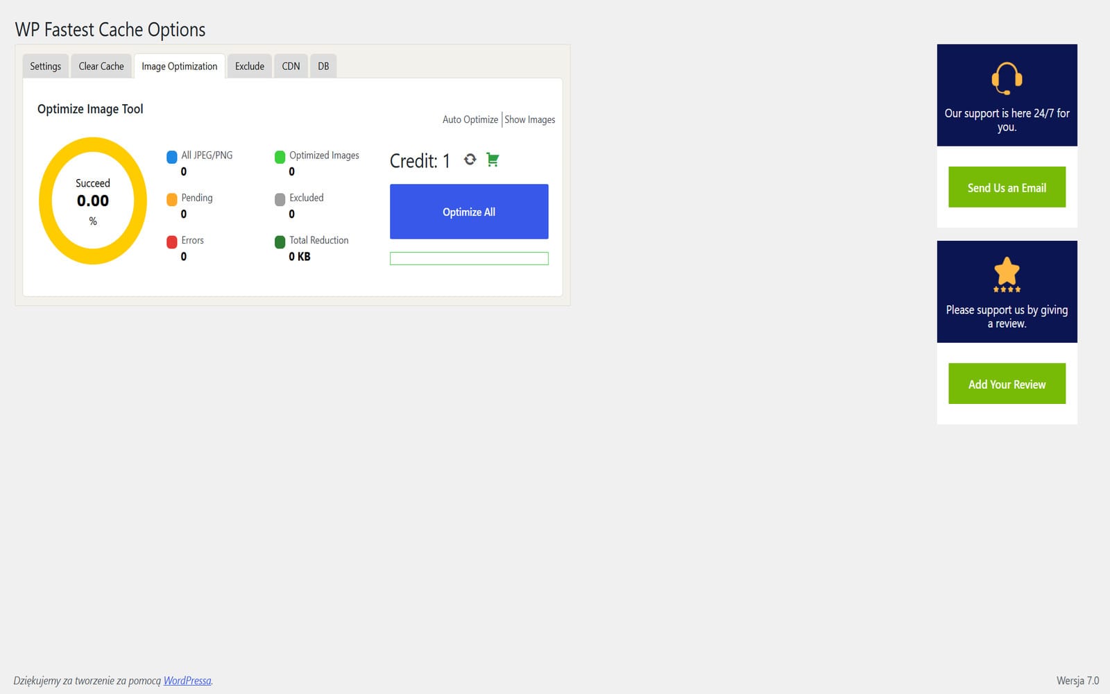 Wtyczka WP Fastest Cache Premium Zakładka Image Optimization z narzędziem optymalizacji obrazów JPEG/PNG, licznikiem kredytów i przyciskiem Optimize All.