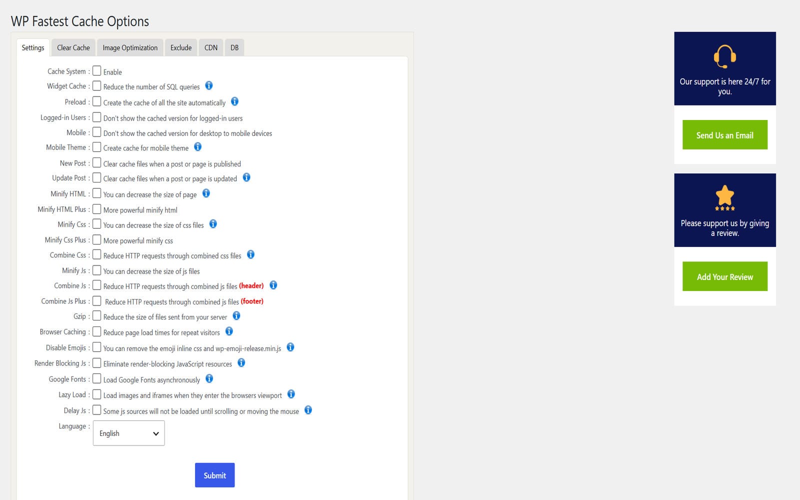 Wtyczka WP Fastest Cache Premium Zakładka Settings wtyczki WP Fastest Cache Premium z opcjami cache, minifikacji CSS/JS, Gzip, Lazy Load i Delay JS.